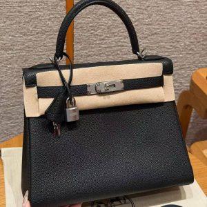Hermes Kelly 28 Bag Handmade In Togo Calfskin Leather Silver Hardware 89 Noir
