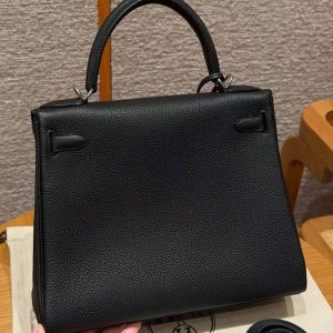 Hermes Kelly 28 Bag Handmade In Togo Calfskin Leather Silver Hardware 89 Noir - Image 2