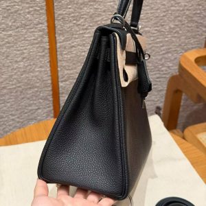 Hermes Kelly 28 Bag Handmade In Togo Calfskin Leather Silver Hardware 89 Noir - Image 20