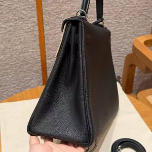 Hermes Kelly 28 Bag Handmade In Togo Calfskin Leather Silver Hardware 89 Noir - Image 19