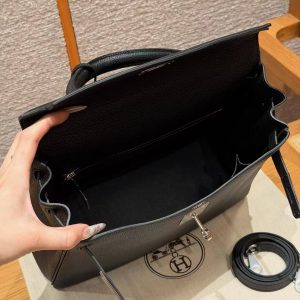 Hermes Kelly 28 Bag Handmade In Togo Calfskin Leather Silver Hardware 89 Noir - Image 17