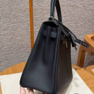 Hermes Kelly 28 Bag Handmade In Togo Calfskin Leather Silver Hardware 89 Noir - Image 10