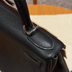 Hermes Kelly 28 Bag Handmade In Togo Calfskin Leather Silver Hardware 89 Noir - Image 8