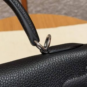 Hermes Kelly 28 Bag Handmade In Togo Calfskin Leather Silver Hardware 89 Noir - Image 7