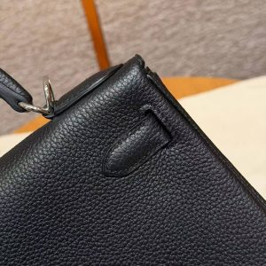 Hermes Kelly 28 Bag Handmade In Togo Calfskin Leather Silver Hardware 89 Noir - Image 6
