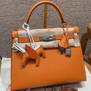Hermes Kelly 28 Bag Handmade In Epsom Calfskin Leather Silver Hardware 93 Orange