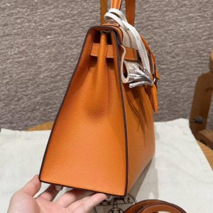 Hermes Kelly 28 Bag Handmade In Epsom Calfskin Leather Silver Hardware 93 Orange - Image 18