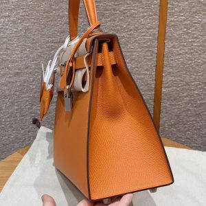 Hermes Kelly 28 Bag Handmade In Epsom Calfskin Leather Silver Hardware 93 Orange - Image 17