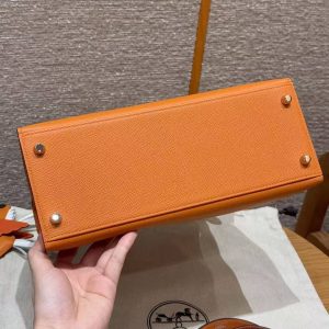 Hermes Kelly 28 Bag Handmade In Epsom Calfskin Leather Silver Hardware 93 Orange - Image 16