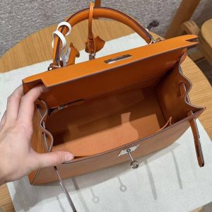 Hermes Kelly 28 Bag Handmade In Epsom Calfskin Leather Silver Hardware 93 Orange - Image 15