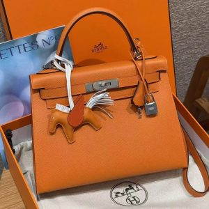 Hermes Kelly 28 Bag Handmade In Epsom Calfskin Leather Silver Hardware 93 Orange - Image 3