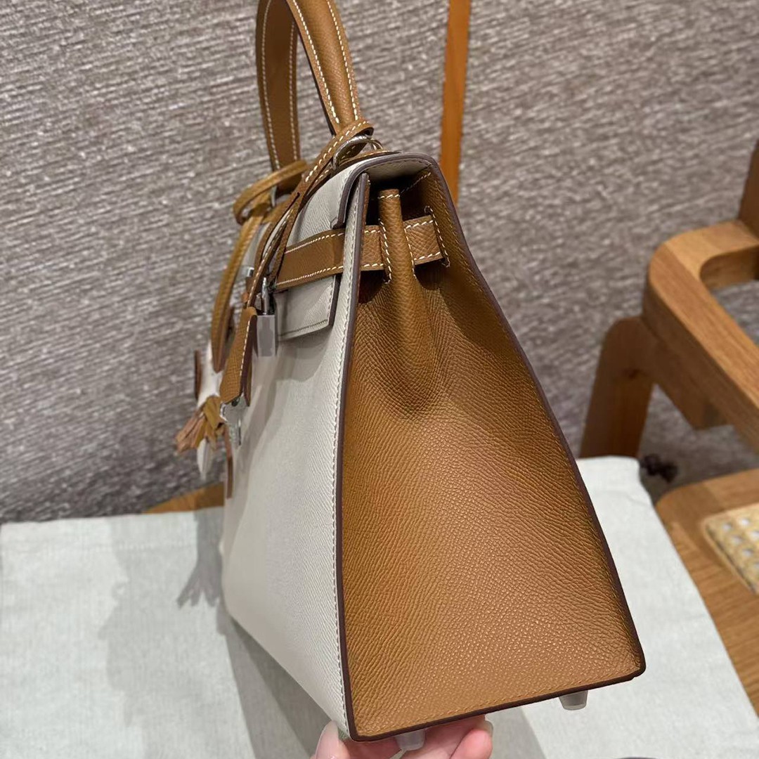 Hermes Kelly 28 Bag Handmade In Epsom Calfskin Leather Silver Hardware Ck10 Craie Ck37 Gold - Image 18