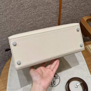 Hermes Kelly 28 Bag Handmade In Epsom Calfskin Leather Silver Hardware Ck10 Craie Ck37 Gold - Image 16