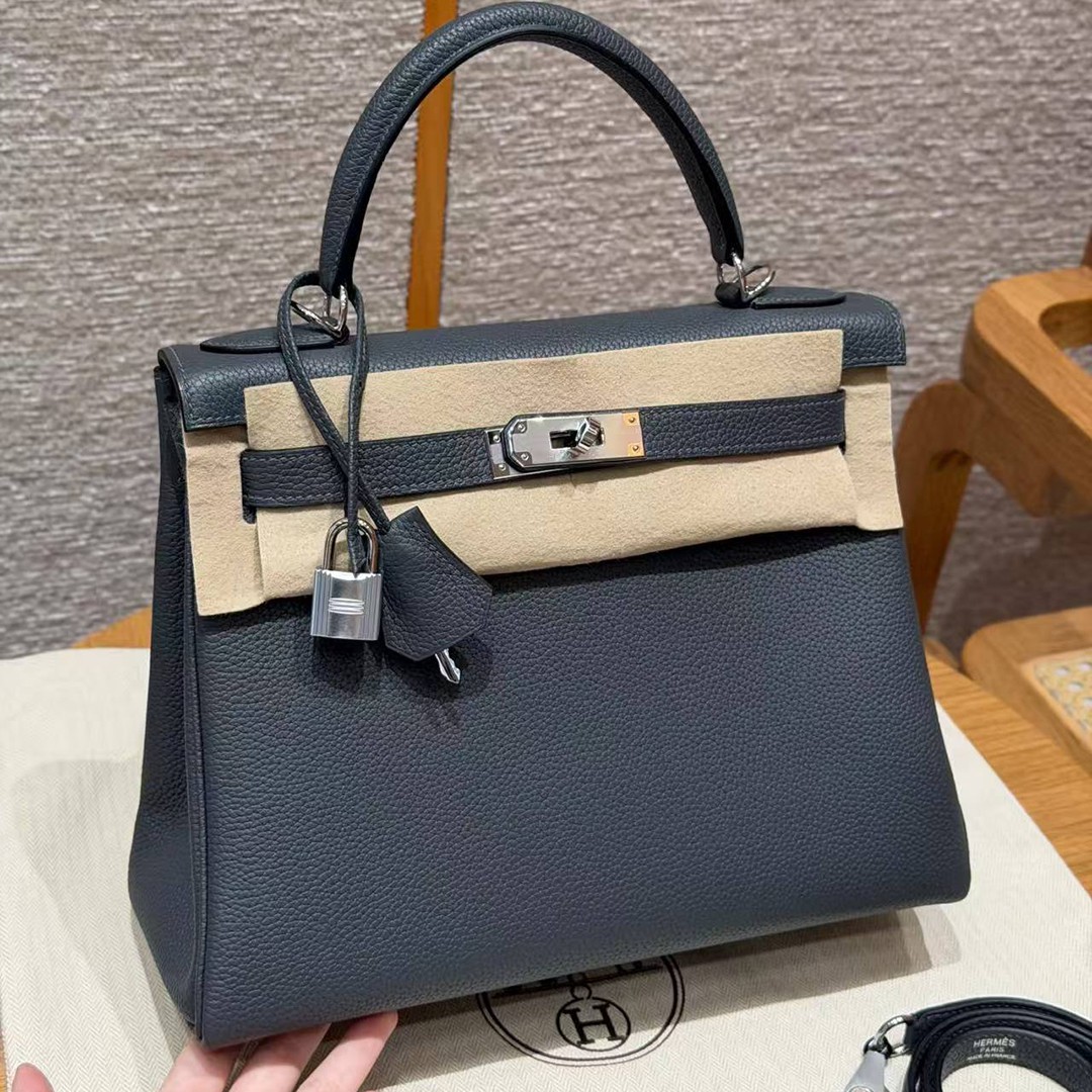 Hermes Kelly 28 Bag Handmade In Togo Calfskin Leather Silver Hardware H0 Girs Misty