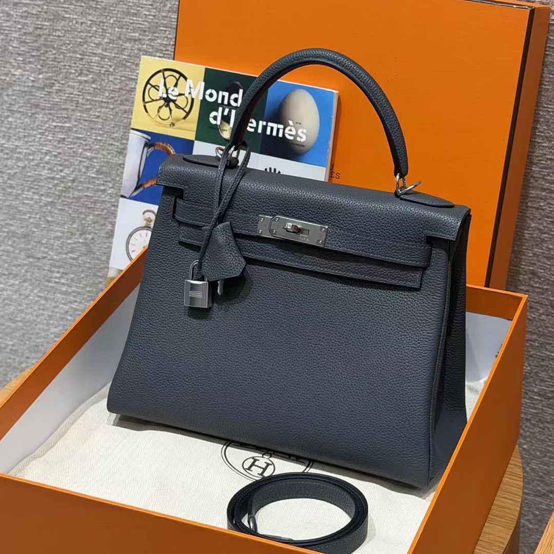 Hermes Kelly 28 Bag Handmade In Togo Calfskin Leather Silver Hardware H0 Girs Misty - Image 14