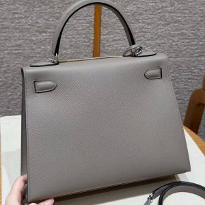Hermes Kelly 28 Bag Handmade In Epsom Calfskin Leather Silver Hardware M8 Gris Asphalted - Image 2