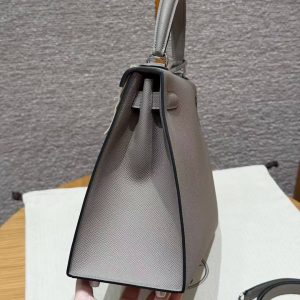 Hermes Kelly 28 Bag Handmade In Epsom Calfskin Leather Silver Hardware M8 Gris Asphalted - Image 17