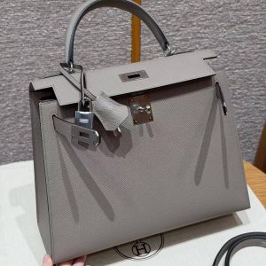Hermes Kelly 28 Bag Handmade In Epsom Calfskin Leather Silver Hardware M8 Gris Asphalted - Image 12