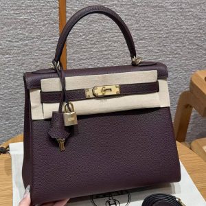 Hermes Kelly 28 Bag Handmade In Togo Calfskin Leather Gold Hardware OG Rouge Sellier