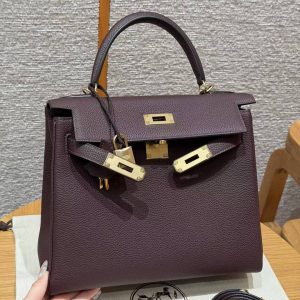 Hermes Kelly 28 Bag Handmade In Togo Calfskin Leather Gold Hardware OG Rouge Sellier - Image 13