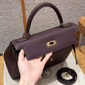 Hermes Kelly 28 Bag Handmade In Togo Calfskin Leather Gold Hardware OG Rouge Sellier - Image 11