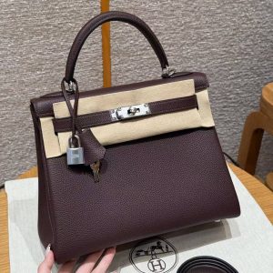 Hermes Kelly 28 Bag Handmade In Togo Calfskin Leather Silver Hardware OG Rouge Sellier