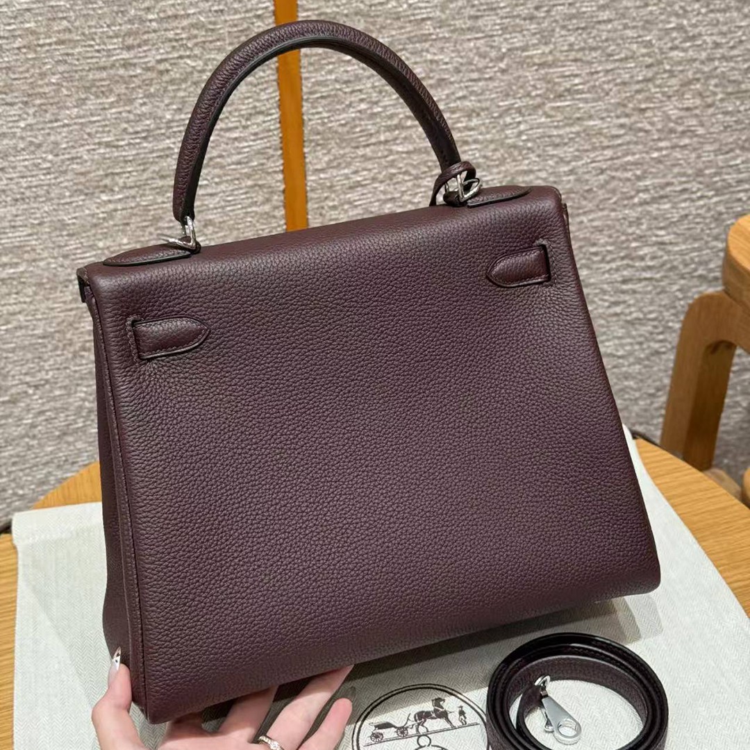 Hermes Kelly 28 Bag Handmade In Togo Calfskin Leather Silver Hardware OG Rouge Sellier - Image 2