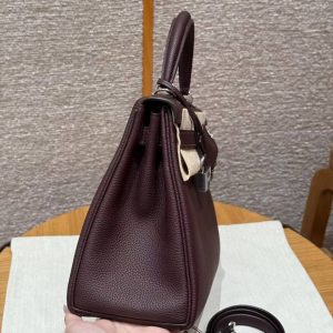 Hermes Kelly 28 Bag Handmade In Togo Calfskin Leather Silver Hardware OG Rouge Sellier - Image 18