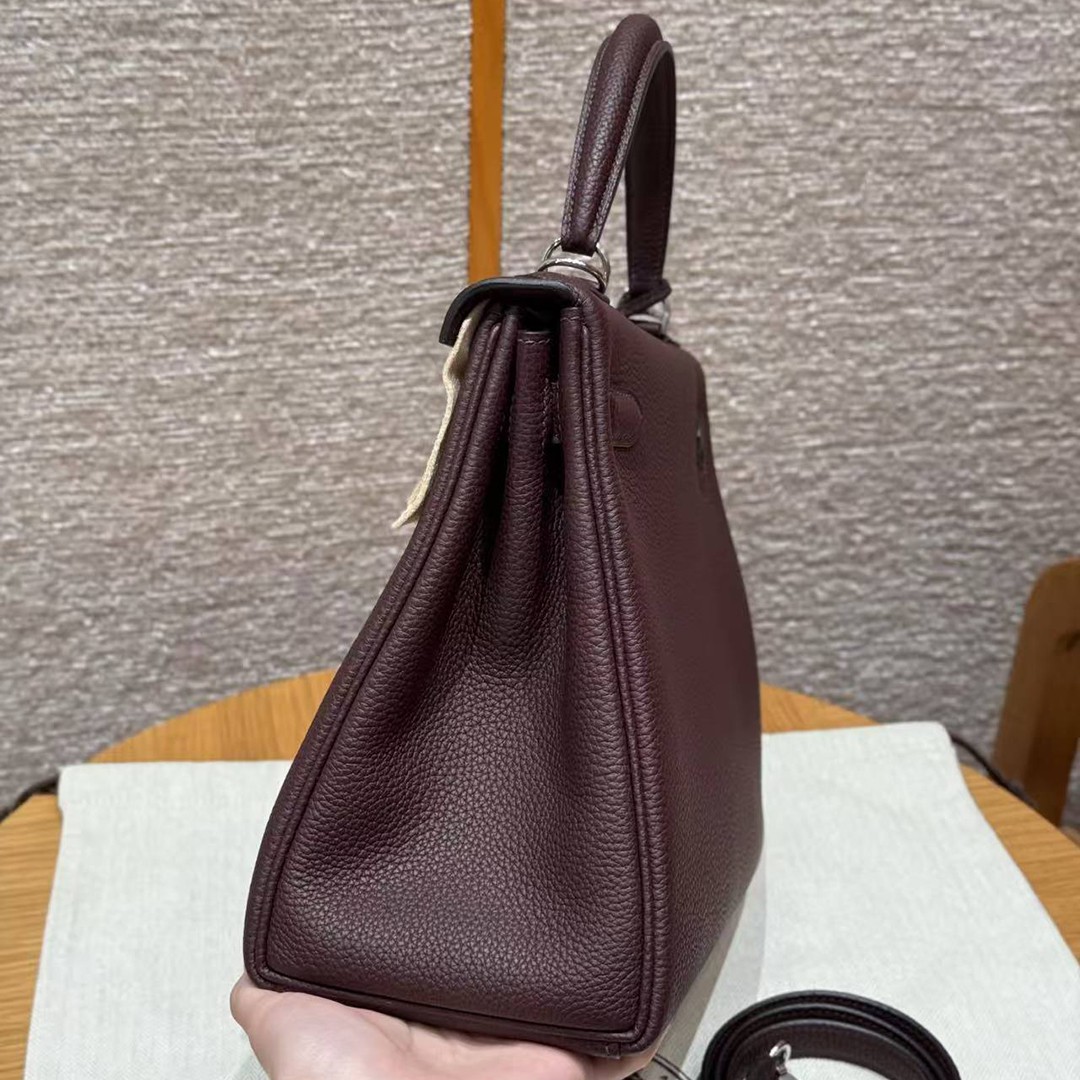 Hermes Kelly 28 Bag Handmade In Togo Calfskin Leather Silver Hardware OG Rouge Sellier - Image 17