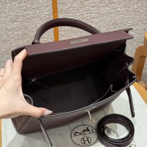 Hermes Kelly 28 Bag Handmade In Togo Calfskin Leather Silver Hardware OG Rouge Sellier - Image 15