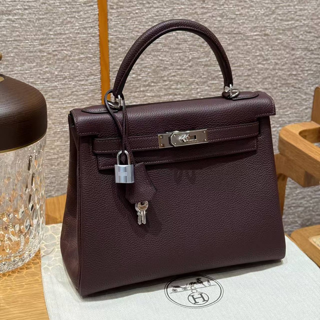 Hermes Kelly 28 Bag Handmade In Togo Calfskin Leather Silver Hardware OG Rouge Sellier - Image 11