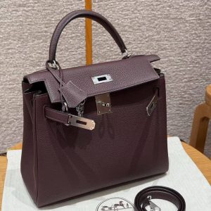 Hermes Kelly 28 Bag Handmade In Togo Calfskin Leather Silver Hardware OG Rouge Sellier - Image 10