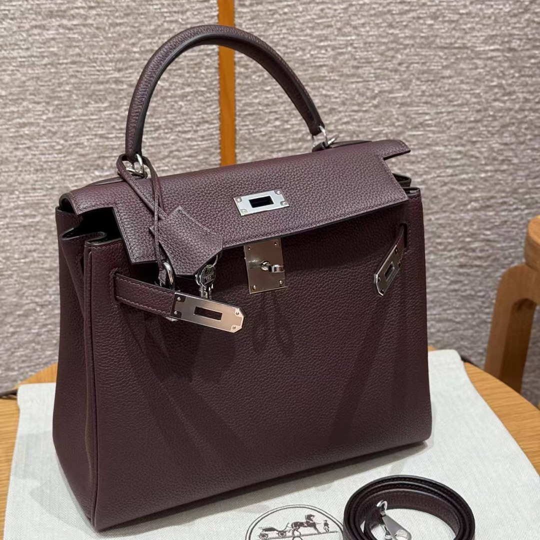 Hermes Kelly 28 Bag Handmade In Togo Calfskin Leather Silver Hardware OG Rouge Sellier - Image 10