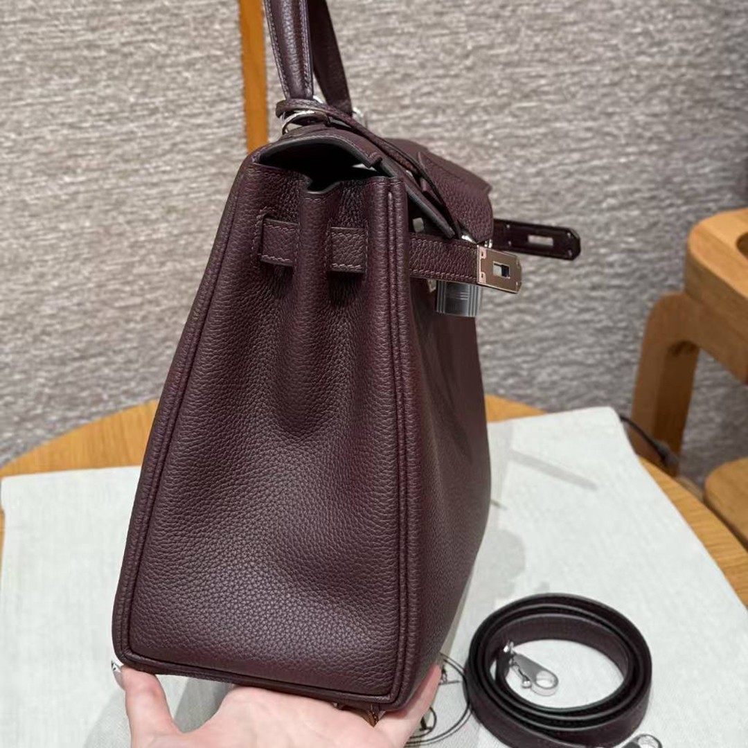 Hermes Kelly 28 Bag Handmade In Togo Calfskin Leather Silver Hardware OG Rouge Sellier - Image 5