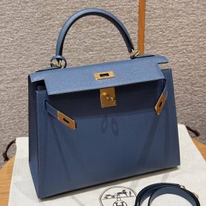 Hermes Kelly 28 Bag Handmade In Epsom Calfskin Leather Gold Hardware R2 Blue Agate - Image 22