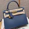 Hermes Kelly 28 Bag Handmade In Epsom Calfskin Leather Gold Hardware R2 Blue Agate