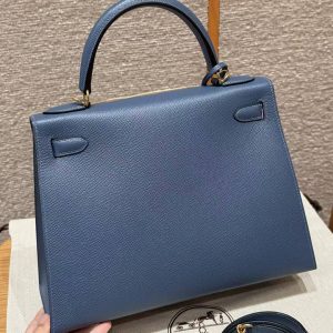 Hermes Kelly 28 Bag Handmade In Epsom Calfskin Leather Gold Hardware R2 Blue Agate - Image 12