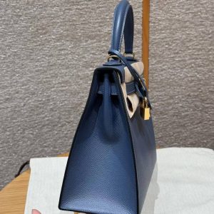 Hermes Kelly 28 Bag Handmade In Epsom Calfskin Leather Gold Hardware R2 Blue Agate - Image 11