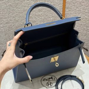 Hermes Kelly 28 Bag Handmade In Epsom Calfskin Leather Gold Hardware R2 Blue Agate - Image 9
