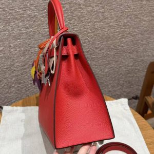 Hermes Kelly 28 Bag Handmade In Epsom Calfskin Leather Silver Hardware S3 Rouge Coeur - Image 14