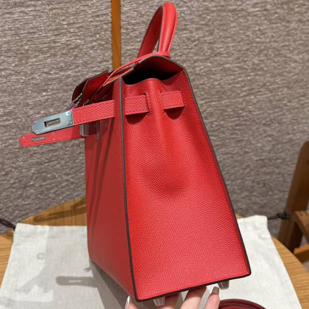 Hermes Kelly 28 Bag Handmade In Epsom Calfskin Leather Silver Hardware S3 Rouge Coeur - Image 10