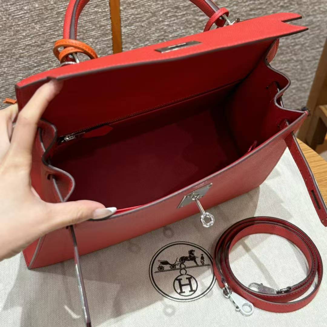Hermes Kelly 28 Bag Handmade In Epsom Calfskin Leather Silver Hardware S3 Rouge Coeur - Image 9