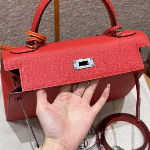 Hermes Kelly 28 Bag Handmade In Epsom Calfskin Leather Silver Hardware S3 Rouge Coeur - Image 8