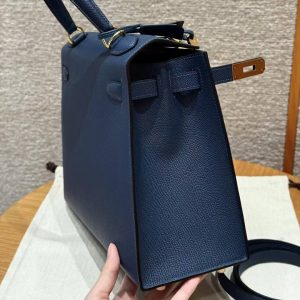 Hermes Kelly 28 Bag Handmade In Epsom Calfskin Leather Gold Hardware S4 Deep Blue - Image 16