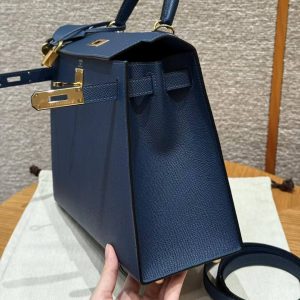 Hermes Kelly 28 Bag Handmade In Epsom Calfskin Leather Gold Hardware S4 Deep Blue - Image 13