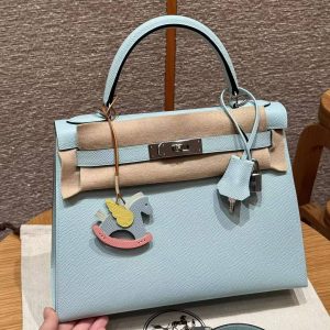 Hermes Kelly 28 Bag Handmade In Epsom Calfskin Leather Silver Hardware U2 Blue Zephyr