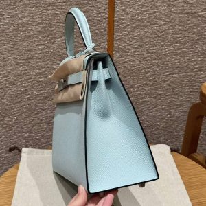 Hermes Kelly 28 Bag Handmade In Epsom Calfskin Leather Silver Hardware U2 Blue Zephyr - Image 15