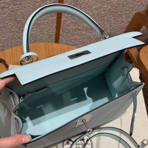 Hermes Kelly 28 Bag Handmade In Epsom Calfskin Leather Silver Hardware U2 Blue Zephyr - Image 12