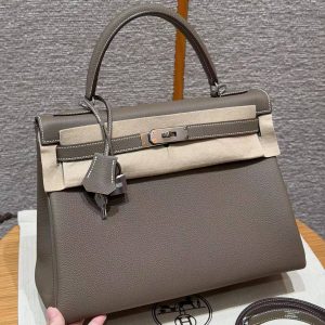 Hermes Kelly 32 Bag Handmade In Togo Calfskin Leather Silver Hardware 18 Etoupe