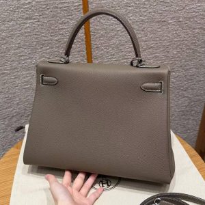 Hermes Kelly 32 Bag Handmade In Togo Calfskin Leather Silver Hardware 18 Etoupe - Image 2